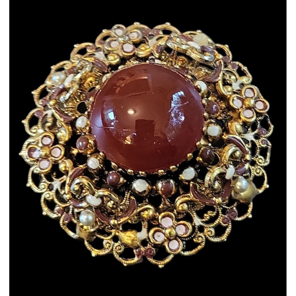 Vintage Austrian Gold Filigree Brooch Pin Faux Carnelian Cabochon Enamel 1.75"